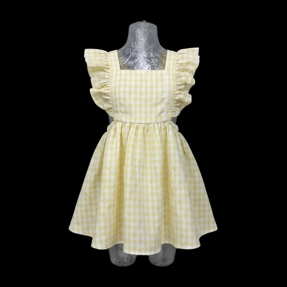 Vintage Yellow Gingham Ruffle Pinafore Dress Toddler Checkered Apron Style
